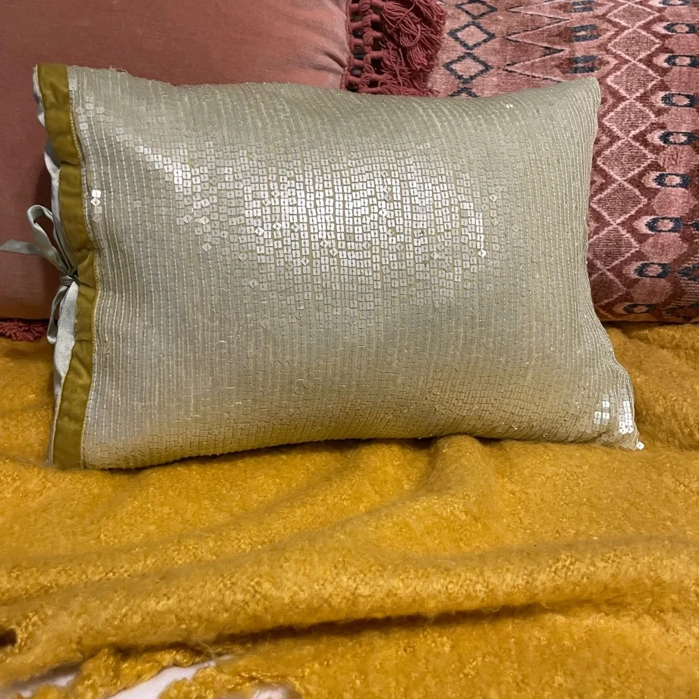 Michele Varian Silk and Sequin throw pillow cover with down insert seafoam green